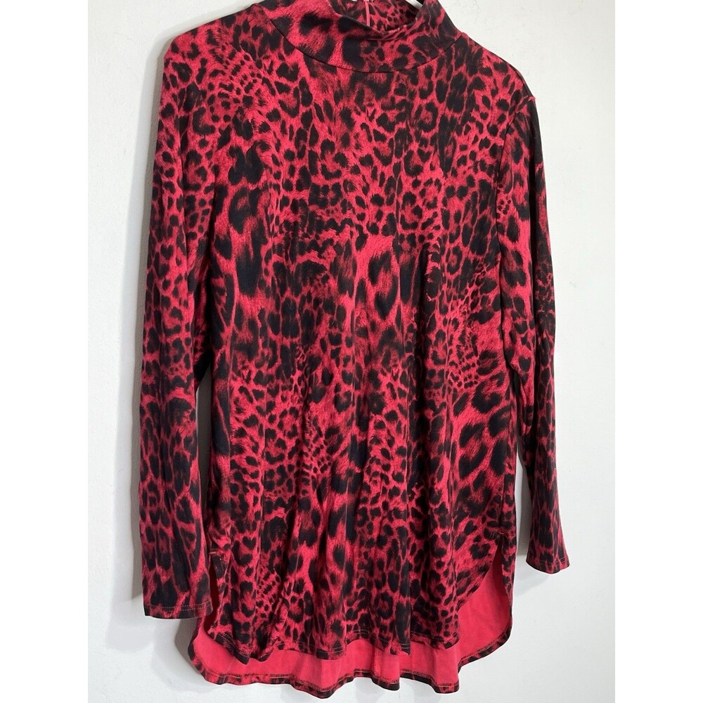 Chicos Red Leopard Mock Neck long Sleeve Blouse Shirt Womens 2 US L  (13)